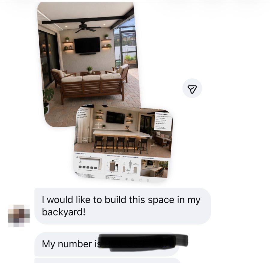 Instagram direct message from a homeowner sharing a design and asking to build a custom outdoor living space